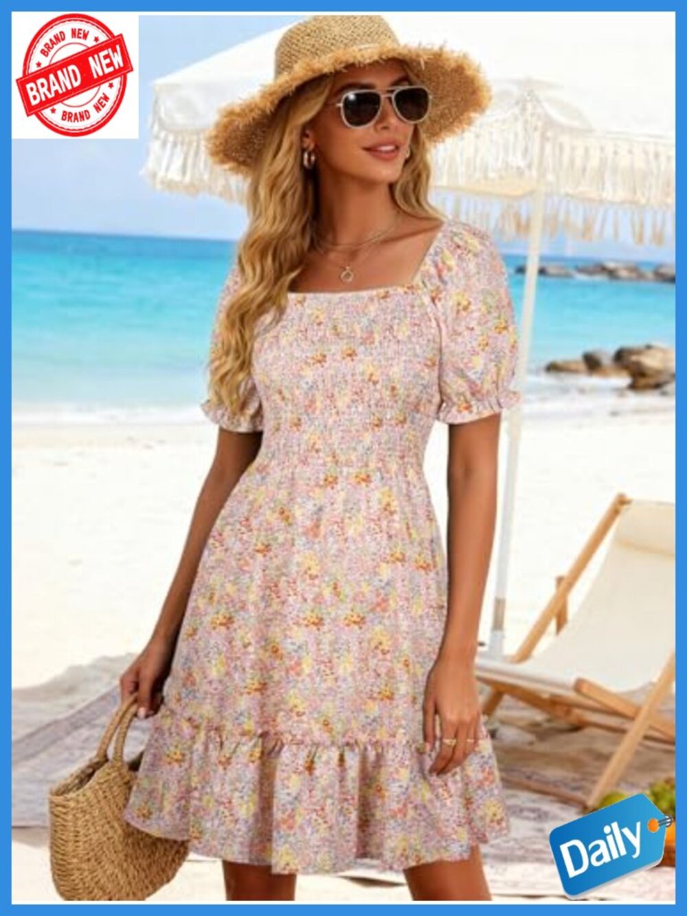 Square Neck Short Sleeve Smocked Sun Dress with Pockets Ruffle Boho - Picture 5 of 6